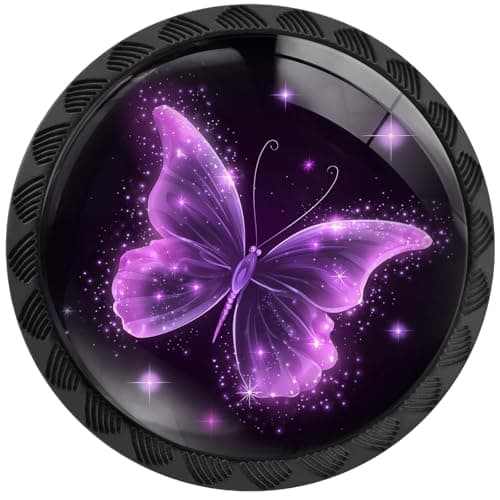 Image of Artinhand 4 Pack Sparkling Purple Butterfly Cabinet Knobs Round Drawer Pulls Purple Butterfly Knob Cupboard Door Handles Hardware for Kitchen Bathroom Cabinets