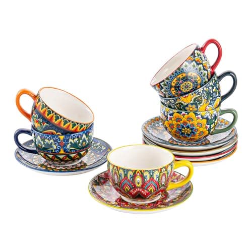 Image of Henten Home Cup and Saucer Set, 8.5oz Porcelain Small Espresso Coffee Cup Set of 6, Ceramic Afternoon Tea Cups for Cappuccino/Latte, Boho Design