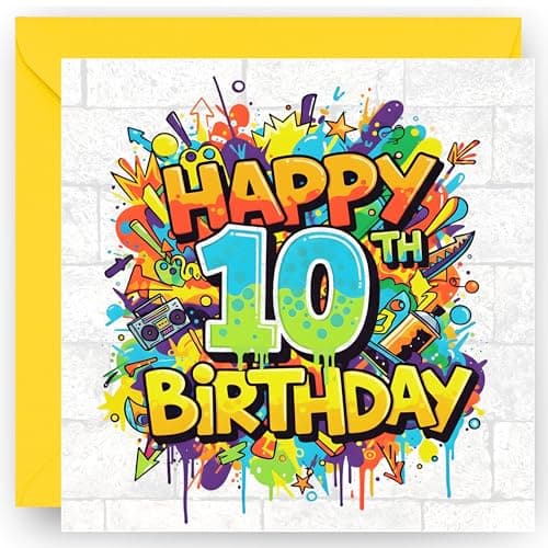Image of 10th Birthday Card Gift for Boys and Girls – Graffiti Style Design – Happy 10 Years Old Birthday Greeting Card – with Vibrant Yellow Envelope - Size 14cm