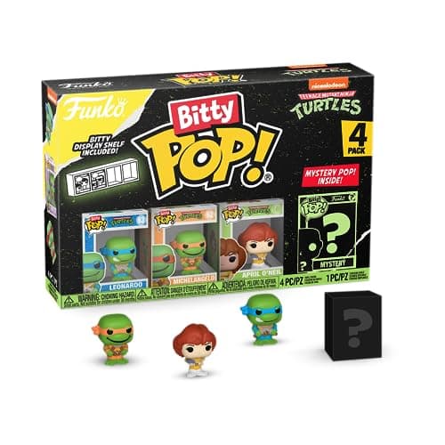 Image of Funko Bitty POP! Teenage Mutant Ninja Turtles - Leonardo, Michelangelo, April O’Neil and A Surprise Mystery Mini Figure - 0.9 Inch (2.2 Cm) - TMNT Collectable - Stackable Display Shelf Included