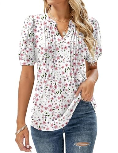 Image of EFFAN Womens Plus Size Tops Casual V Neck Longline Blouse Elegant Floaty Tunic Shirts Plus Size White Pink Floral XXL (UK 20-22)