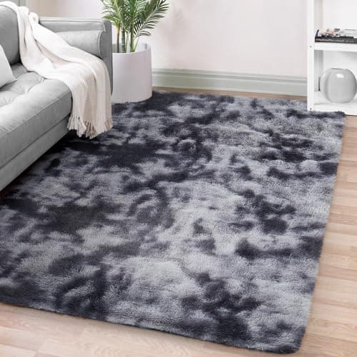 Image of FVVRAX Ultra-Plush Shaggy Area Rug for Bedroom & Living Room – Machine Washable Luxury Tie-Dye Carpet, Non-Slip Fluffy Floor Mat for Cosy Homes, Nursery & Dorm Decor, 90x150cm, Dark Grey