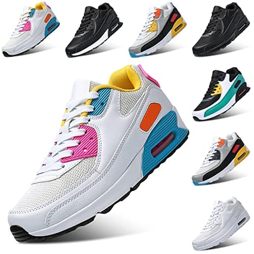 Image of Padgene Men Women Running Shoes Sports Trainers Breathable Lightweight Sneakers Air Cushion Low Top Footwear Waking Fitness Lace up Shoes for Walking Gym Jogging Fitness Athletic Casual White Blue