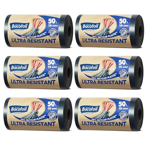 Image of Bacofoil Ultra Resistant Bin Liners with Drawstring Handles 50L - Leak-Proof and Tear Resistant Bin Bag with Ultra Protection Technology (6 Rolls, 60 Bags)
