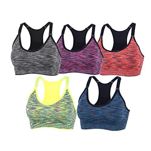 Image of xcylive Women 5 Pack Adjustable Straps and Removable Pads Tank Top Seamless Racerback Sports Bra, 5 Pack(blue+red+green+purple+gray), M