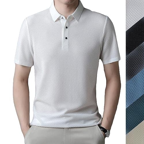 Image of CLOXKS Men's Mesh Ice Silk Short-Sleeved T-Shirt, Cool Feeling Quick-Drying Short Sleeve, Simple Lapel Casual T-Shirt, Summer Seamless Polo Shirts, Fashion Casual Business Anti-Wrinkle T-Shirt