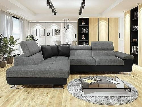 Image of Anton - Sofa - Storage - Sofa Bed - Black/grey - Faux leather/fabric (Black/Grey, Left hand corner and Right hand corner) (Left Hand Corner)