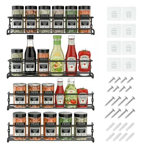 Image of LIIGOU Wall Mounted Spice Rack, 4 Pack Stainless Steel Spice Organiser for Kitchen & Inside Cupboard Door or Pantry, Kitchen Spice Shelf with Adhesive or Screws