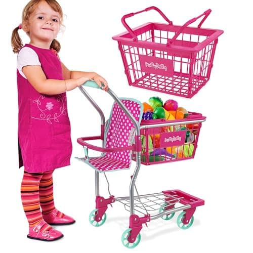 Image of Molly Dolly 2 in 1 Kids Shopping Trolley & Basket Playset - Toy Shopping Cart For Kids
