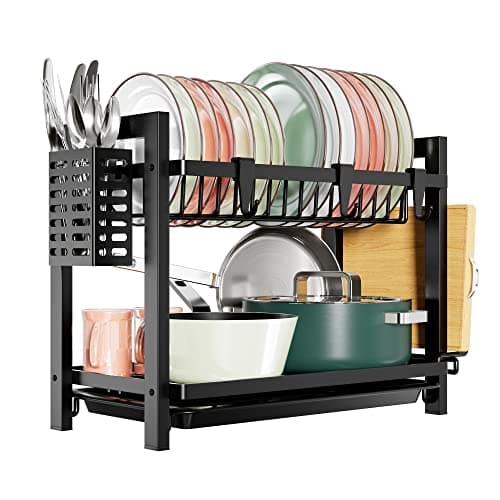 Image of Niffgaff Black Kitchen Dish Drainer with 2 Levels (43.5 x 24.5 x 34.5) Stainless Steel with Utensil Holder and Drip Tray