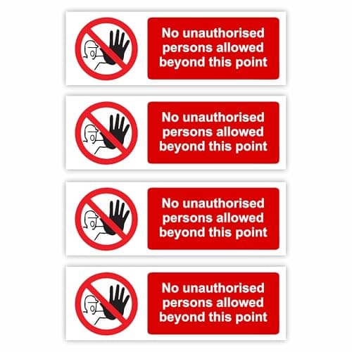 Image of 4-Pack "No Unauthorised Persons Allowed Beyond This Point" Signs Self-Adhesive / 5x15cm Each (Pack of 4) / Landscape Orientation Removable & Wipeable/Indoor or Outdoor Stickers/Gloss Finish /