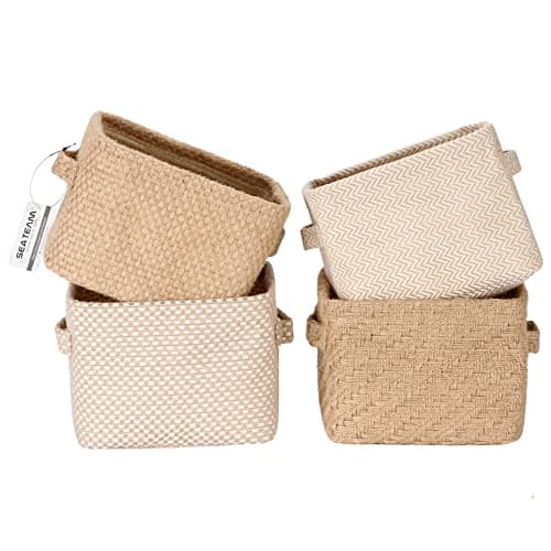 Image of Sea Team 4.5L Mini Size Jute Storage Basket 4pcs Square Box with Double Handles Table and Room Small Items Storage Expert, 20 * 16 * 15cm/7.9 * 6.3 * 5.9In