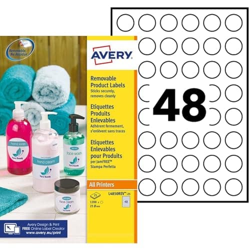 Image of Avery Removable, Printable, Multi Purpose Circle Labels, Multi Surface, Ø 25 mm, White, 48 Labels per Sheet, 1200 Blank Labels per Pack (L4850REV-25)