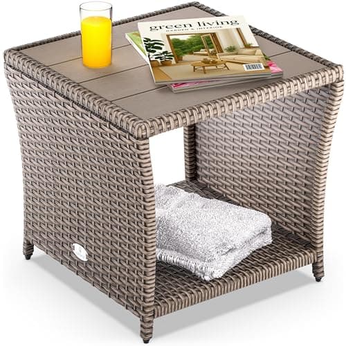 Image of CASARIA® Polyrattan Garden Side Table WPC Table Top | 45x45x40cm 80kg Load Capacity | Weatherproof Outdoor Patio Deck Balcony Furniture Coffee Table | Adjustable Levelling Feet | Cream
