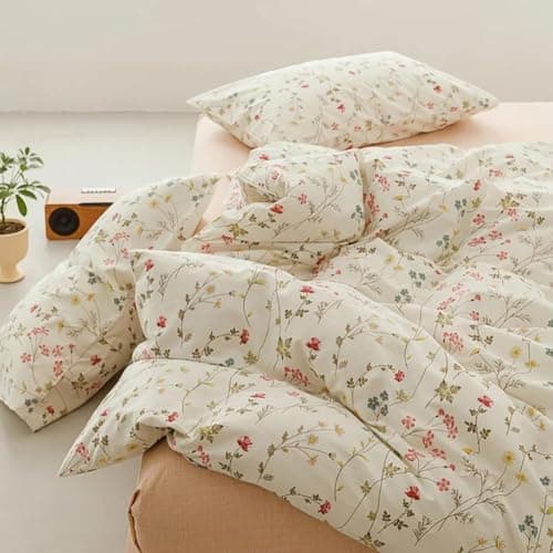 Image of Covebett Pink Floral Duvet Cover 100% Cotton Single White Pink Colourful Flowers Meadow Luxury Breathable Cotton Bedding Set Comforter Cover 135x200 cm with Zipper Closure and 1 Pillowcase 50x75 cm