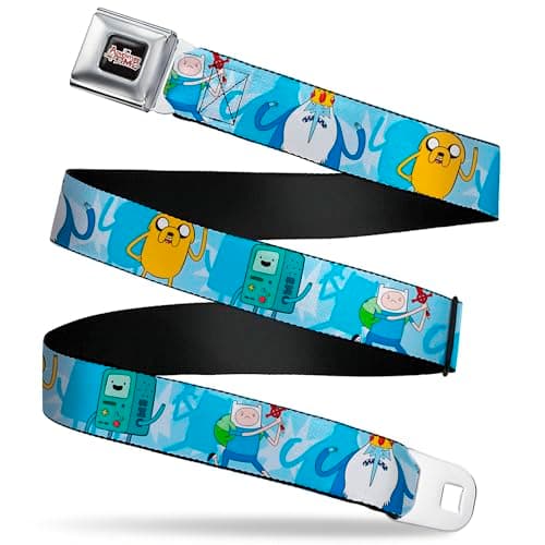 Image of Cartoon Network Belt, Seatbelt Buckle Belt, Adventure Time Bmo Finn Ice King Jake Group Pose Blues, Adjustable, Blue, Adult XL (34"-52")