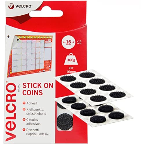 Image of VELCRO Brand | Stick On Coins | Double Sided Hook & Loop Self Adhesive Sticky Coins Perfect for Room Décor & Home, Office, Garage Use | Black | 16mm x 16mm | Pack of 16