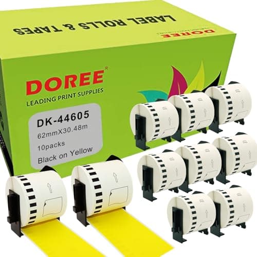 Image of DOREE 10 Rolls DK-44605 Removable Continuous Labels, Black on Yellow Background, 62mm × 30.48m, Compatible with Brother QL-500,QL-550,QL-570,QL-700,QL-800,QL-810W,QL-820NWB,QL-1100 0,QL-10,110NWB