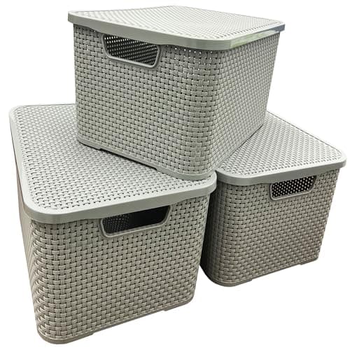Image of STORM TRADING GROUP Light Grey Rattan Effect Storage Baskets With Strong Lids Ideal For Kitchen, Bathroom, Laundry Room, Home & Office Storage Boxes (1)