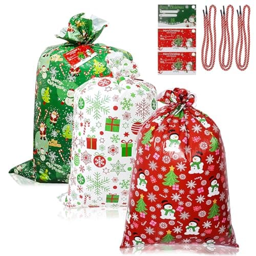 Image of 3pcs Jumbo Christmas Sacks for Gift,36x56" Extra Large Gift Christmas Bag with Tags Rope，Strong,Snowman,Santa Claus,Snowflake 3 Style Enormous Bags,Giant Xmas Bags Sacks Large for Presents Party Favor