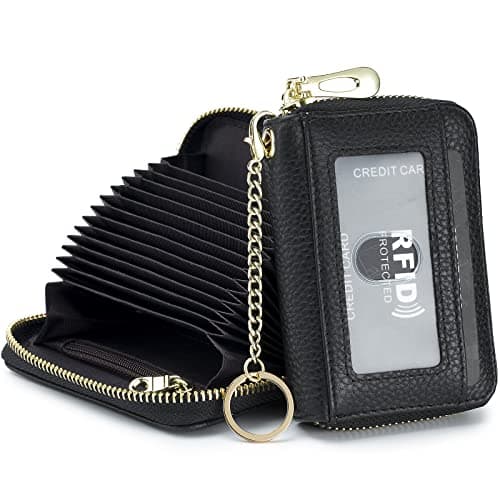 Image of imeetu Credit Card Holder for Women RFID Card Holder Wallet Slim Leather Ladies Card Holder with 12 Card Slots, 2 Wide Cash Slots, Keyring & ID Window (Small,Black)