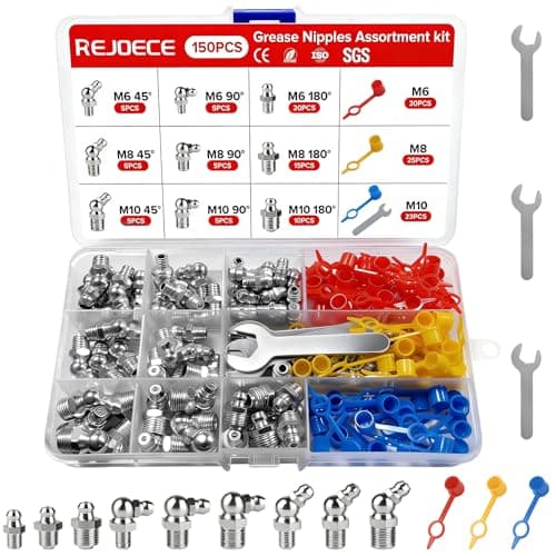 Image of REJOECE 153Pcs Grease Nipples Assorted Kit, Metric Hydraulic Grease Fittings M6 M8 M10 Straight, 90 Degree, 45 Degree Angled, Ideal for Automotive, Agricultural, Industrial Machiner