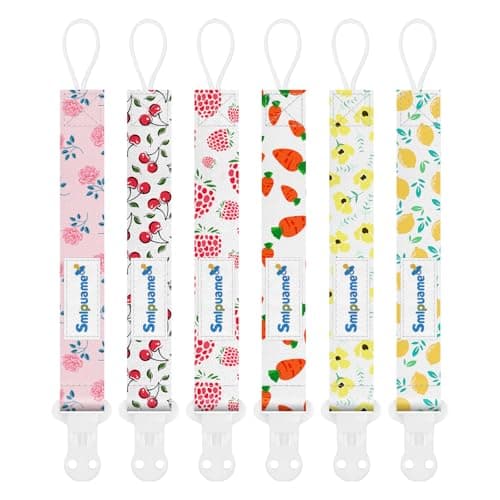 Image of Smlpuame Dummy Clips Girl,6 Pack BPA Free Soother Chain,Pacifier Holder Clips for Teether Toy,Baby Dummy Strap Clip Universal Design Fit All Pacifiers Baby Teething Toys,Newborn Baby Shower(Fruit)