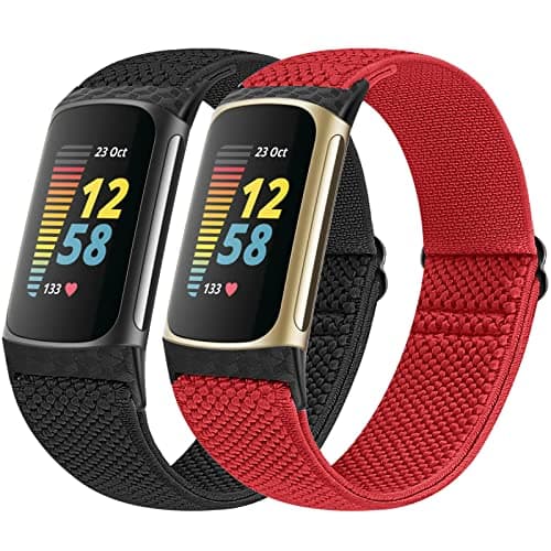 Image of Vodtian Elastic Straps Only Compatible with Fitbit Charge 6/ Charge 5 Strap, 2 Pack Stretchy Adjustable Nylon Loop Braided Replacement Sport Wristband for Charge 5/Charge 6 Activity Tracker Women Men