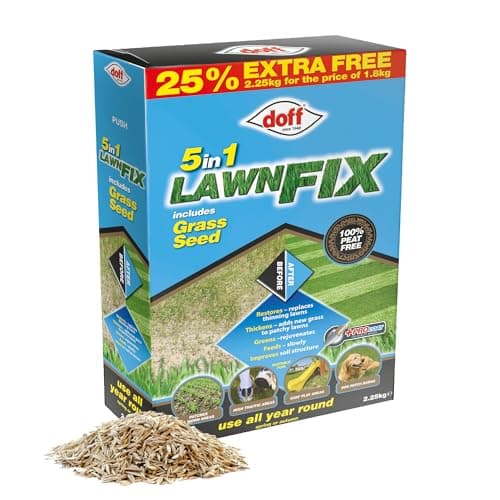 Image of Doff 5 in 1 Lawn Fix & Grass Seed – 2.25kg Procoat Lawn Treatment for Gardens – Slow Release Fertiliser & Coated Seed to Restore & Thickens Green Grass - Year-Round Growth & Bird-Resistant