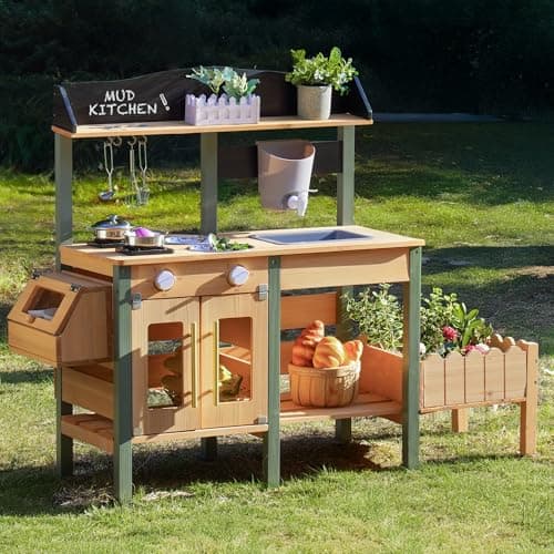 Image of ROBOTIME Mud Kitchen, Outdoor Large Play Kitchen Deluxe for Kids, Toddler Wooden Kitchen Playset with Water Pan, Garden Sink, Planting Growing Box and Accessories, Pretend Play for Boys Girls 3+