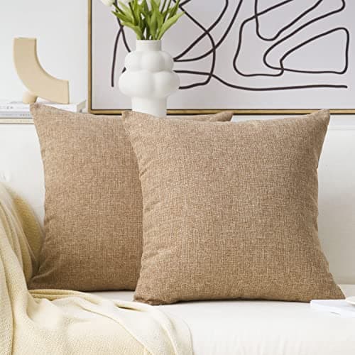 Image of Home Brilliant Beige Cushion Covers Burlap Linen Textured Pillow Covers Pack of 2 Decorative Throw Pillows for Sofa Couch Bed, 45 cm, 18 inches, Nature Linen