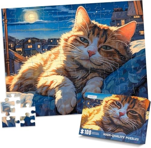 Image of 100 Pieces Puzzles for Adults-Dozing Cat Puzzle 100 Pieces Puzzle for Adults Cute Kitten, 100 Pieces Jigsaw Puzzles for Seniors