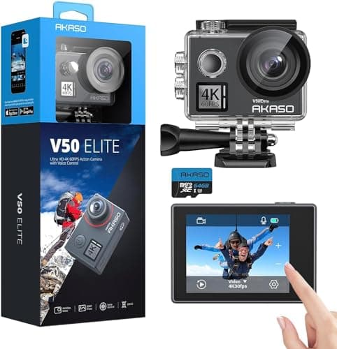 Image of AKASO V50 Elite Action Camera + 64GB microSD Memory Card - 4K/60fps Touch Screen WiFi Action Camera Voice Control EIS 40m Waterproof Camera Adjustable View Angle 8X Zoom Camera with Accessories Kit