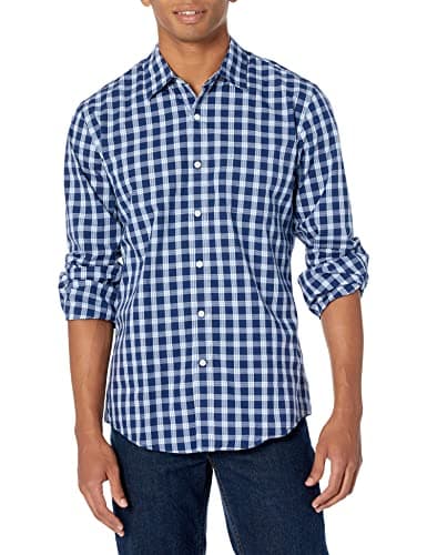 Image of Amazon Essentials Men's Slim-Fit Long-Sleeve Poplin Shirt, Navy White Plaid, M