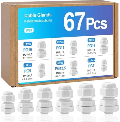 Image of 67 Pcs Adjustable Cable Glands, IP68 Waterproof Adjustable 3-15mm Cable Connectors PG7 PG9 PG11 PG13.5 PG16 PG19 Plastic Nylon Cable Connectors Gland Joints Locknut Stuffing Glands White