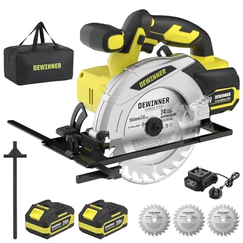 Image of DEWINNER Cordless Circular Saw with 2 * 4.0Ah Lithium-Ion Batteries,4000RPM Electric Circular Saw with Electric Brake,Max38mm (45°),54mm (90°), 3 * 165mm 24T Blades, Canvas Bag,for Wood Cutting
