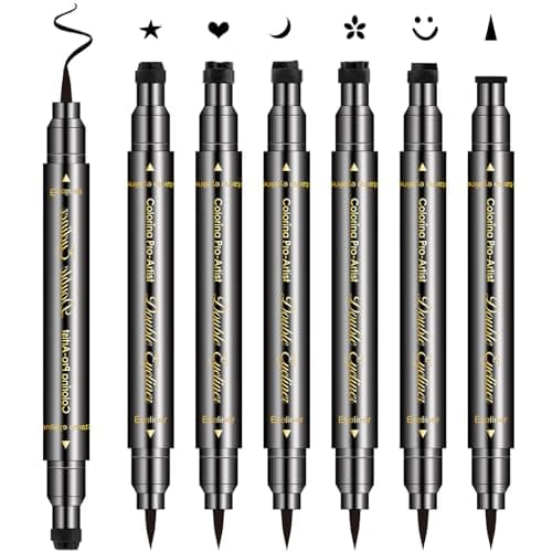 Image of 6Pcs Erinde Double-headed Liquid Eyeliner Stamp Pen Set, Eye Liners For Women, Eyeliner Pencil Black Eye Liner Stencil, Eyeliner Tattoo Tool, Eyeliner Stamp Shapes Star, Heart