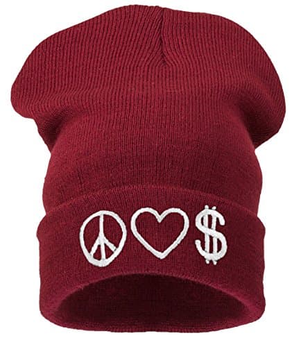 Image of 4sold Men's Women's Beanie Hat Winter Warm Black Bad Hair Day Fun (Peace Love Money (Dark red))