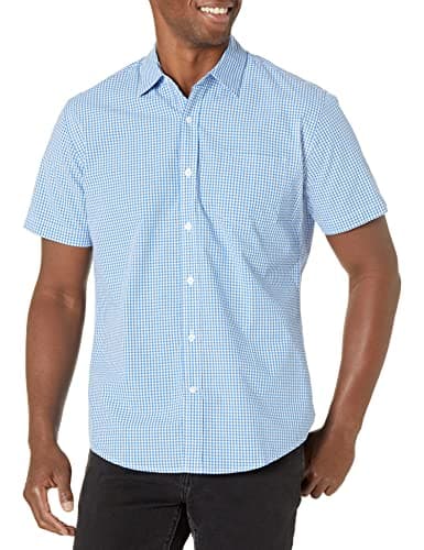 Image of Amazon Essentials Men's Regular-Fit Short-Sleeve Poplin Shirt, Blue Gingham, XL