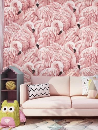 Image of Prior.choice 10X0.53M Romantic Baby Pink Flamingo Feathers Textured Non-Woven Wallpaper Roll for Bedroom Livingroom 1.73' W x 32.8' L=5.3㎡ (57sq.ft)