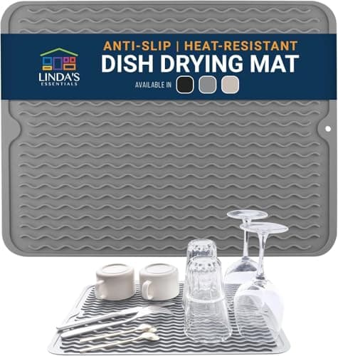 Image of Silicone Dish Drying Mat, Multi-Use Dish Drying Mat for Kitchen Counter, Draining Board Mats, Silicone Draining Mats for Kitchen Sink, 40.6 x 30.5 cm, Drainer Mat by Linda’s Essentials, Gray