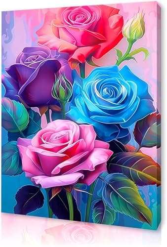Image of Qiukoo Framed Canvas Wall Art – Colourful Rose Artwork, Waterproof Modern Print with Hook, Wall Decoration for Living Room or Bedroom, Floral Pictures for Bedroom Walls – 16 x 20 inch