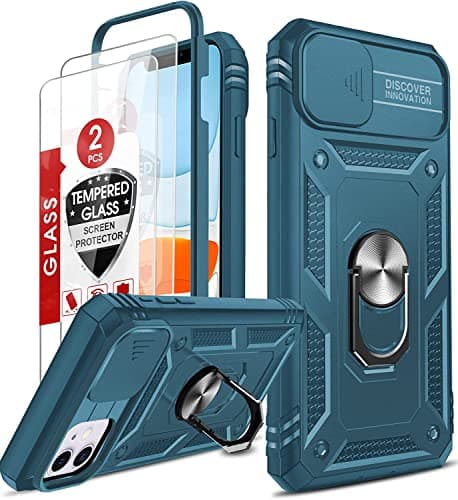 Image of LeYi for iPhone 11 Cases with Slide Camera Cover and 2 Tempered Glass Screen Protector, Ring Stand Holder Full Body Protective Thin Heavy Duty Shockproof Silicone Tough Hard Armor Phone Case,Sea Blue