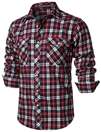 Image of PARKLEES Men's Casual Regular Fit Button Up Flannel Checked Plaid Shirts with Pockets PZLCL41 Navy Red XL
