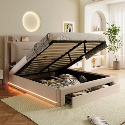 Image of Merax 4ft6 Double Ottoman Bed, Upholstered Bed with Footboard Drawers, Velvet Bed Frame with LED Light Strips, Storage Headboard, Velvet, Beige/135x190cm(No Mattress)