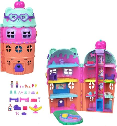 Image of Polly Pocket Micro Dolls & Large Gelato House Playset, Ice Cream Bear Theme with 25+ Accessories including Furniture, Food, and Pets, JKB89