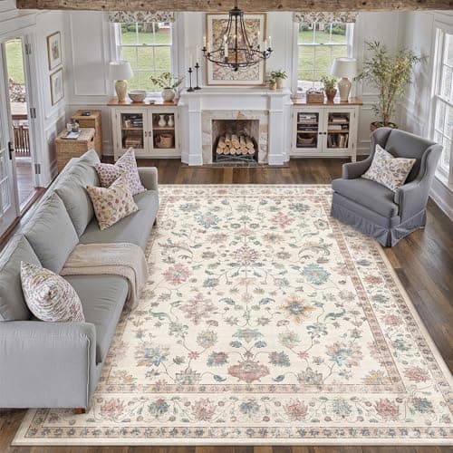 Image of PureCozy Rugs Living Room 240x300 cm Vintage Washable Non Slip Area Rugs Retro Floral Extra Large Carpet for Bedroom Dining Room Hall Lounge Office Indoor Home Decor, Multicolored