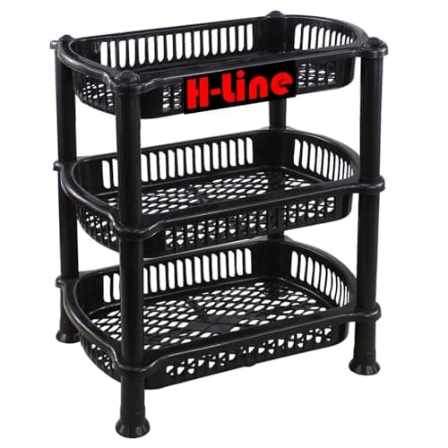 Image of H-LINE 3 Tier Black Plastic Storage Shelf Shelves Basket Veg Fruit Rack Caddy Home Kitchen Bathroom Office