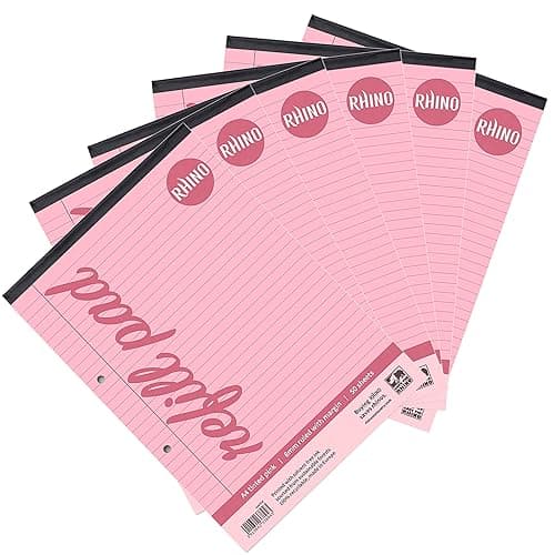 Image of RHINO A4 Refill Pad, Writing Pad, 100-Page / 8mm Lined with Margin, 6-Pack, Pink Lined Writing Paper for Dyslexia & SEN, Office & School Stationery Supplies