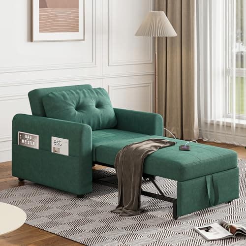 Image of JEFFORDOUTLET Sofa Bed Single, 3-in-1 Convertible Pull Out Sleeper Chair, 1 Seater Sofa Couch with Adjustable Backrest, USB and Side Pockets for Living Room,Guest Room, Apartment, Green